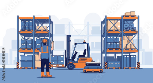 Warehouse operation featuring a forklift, autonomous vehicle and warehouse worker overseeing