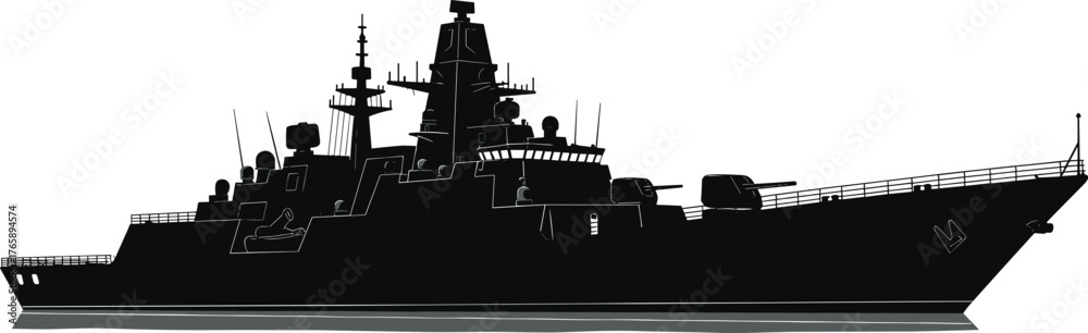 Fototapeta premium Military warship silhouette in side profile, flat vector illustration with radar and deck details, ideal for navy, defense, and maritime design projects.
