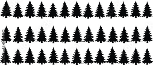 Pine tree silhouette pattern, forest row vector, evergreen icons, conifer shapes, nature clipart, black trees, seamless woodland graphic
