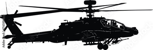 Military attack helicopter silhouette, flat vector illustration with detailed rotor and landing gear, perfect for defense, aviation, and combat design projects.