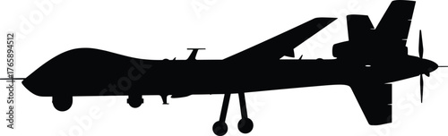 Military drone silhouette, MQ-9 Reaper vector, unmanned aerial vehicle graphic, surveillance aircraft icon, defense technology flat design illustration