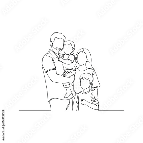 Simple line drawing of a happy family of four with parents and two children in a minimalist style