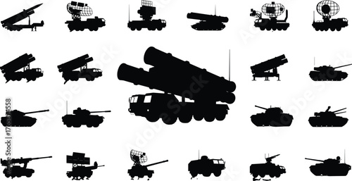 Military vehicle silhouettes, missile launcher vector, tank icon set, radar system illustration, army equipment graphic, defense force flat design
