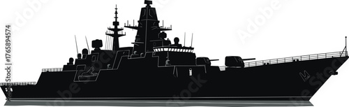 Military warship silhouette in side profile, flat vector illustration with radar and deck details, ideal for navy, defense, and maritime design projects.