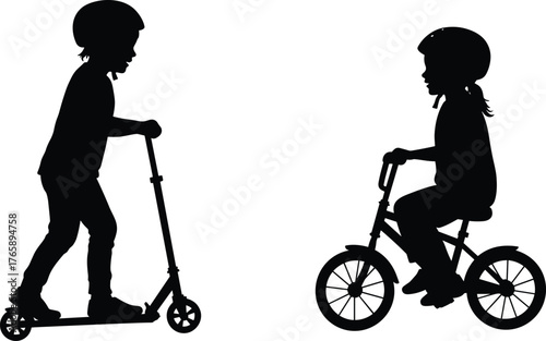  Children riding bicycle and scooter silhouette, helmet safety vector, outdoor activity illustration, black figure icon, kids transportation posture, healthy lifestyle design