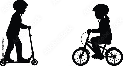  Children riding bicycle and scooter silhouette, outdoor activity vector, helmet safety illustration, kids transportation icon, healthy lifestyle, black figure design