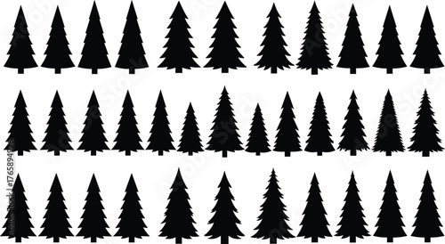 Pine tree silhouette pattern, stylized forest icons, black trees, evergreen vector clipart, symmetrical layout, nature graphic, seasonal design