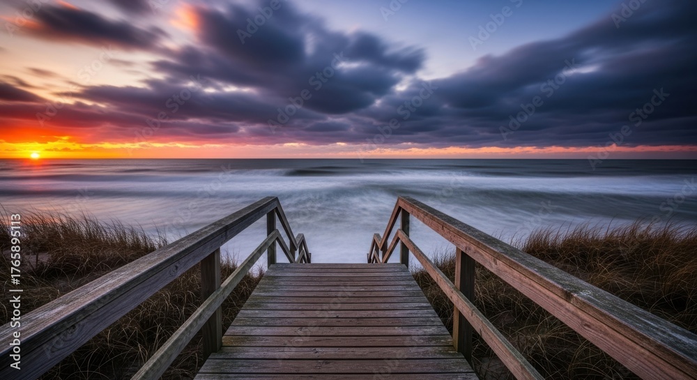 Obraz premium Wooden boardwalk leading down to the ocean at sunset with dramatic clouds and waves