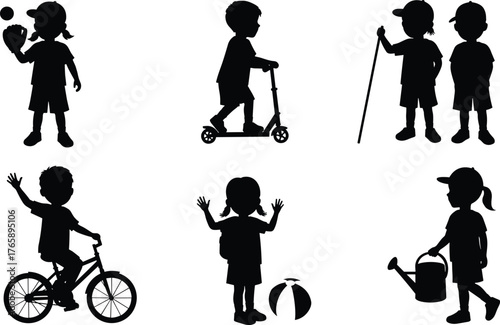  Children silhouette vector, outdoor activities, playing kids, cycling, scootering, watering plants, waving, hiking, black figures, white background, minimal design