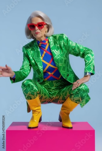 Model showcases unique fashion with a striking green and blue outfit complemented by bright yellow boots and orange sunglasses. The setup is modern and playful, perfect for creative inspiration