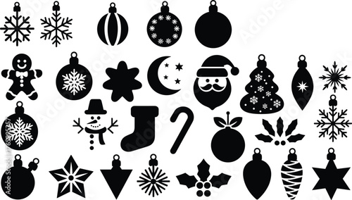 Christmas silhouette icon set, festive holiday vector collection, snowflakes, ornaments, Santa, reindeer, snowman, stocking, candy cane, tree, gift, winter decoration