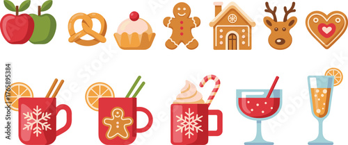 Christmas treats and drinks illustration set, festive holiday vector collection, gingerbread cookies, cupcakes, mugs, cocktails, reindeer, seasonal dessert design