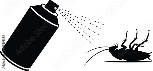  Cockroach pest control vector, insecticide spray silhouette, dead bug illustration, home insect killer concept, black and white graphic, isolated design