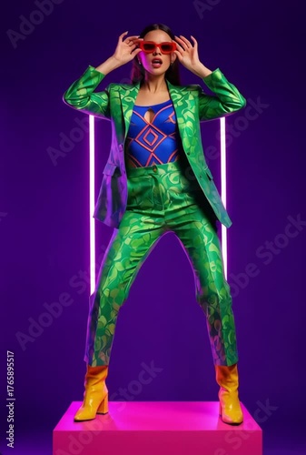 A model poses confidently in a vibrant green suit with bold patterns, bright yellow boots, and red sunglasses, set against a colorful studio backdrop