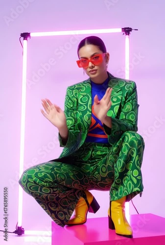 A model poses confidently in a bright green patterned suit, complemented by striking orange accessories. The studio features pink neon lights, enhancing the vibrant atmosphere
