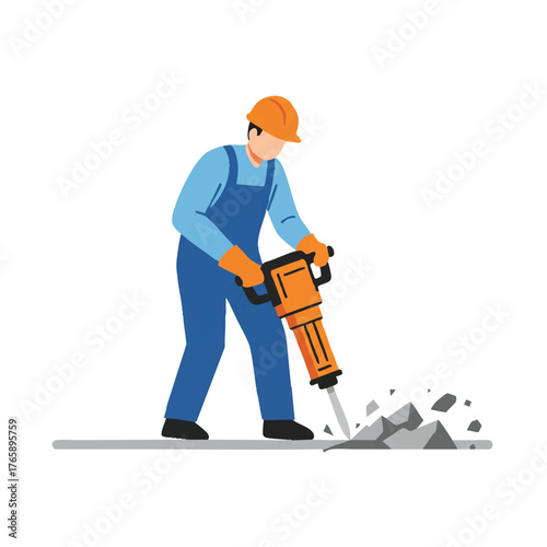 A hard-working construction worker operates a powerful jackhammer to perform road repair and heavy demolition work, depicted in a minimal 2D flat illustration against a clean white background.