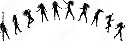  Dance movement silhouette set, black vector illustration of dynamic poses in arc formation, choreography progression, physical motion study, expressive gesture design