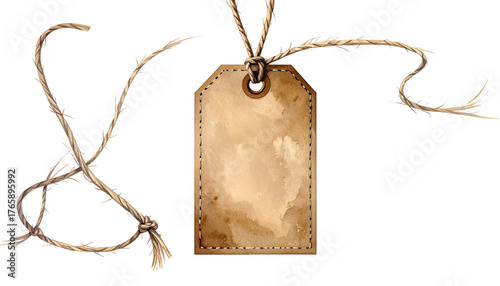 Watercolor-style, textured blank tag with string, perfect for notes, on a black background