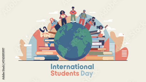 Vector art of diverse students standing on books around the globe, celebrating international students day with a sense of unity and global connection