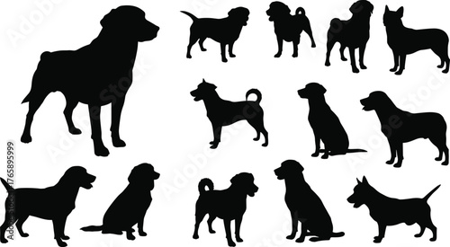  Dog breed silhouette set, various canine poses vector, black pet shapes, standing sitting crouching dogs, animal illustration for design, stock content