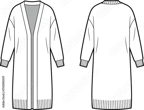 Long oversized cardigan flat sketch, front and back view, ribbed hem and cuff fashion cad drawing for apparel design vector illustration