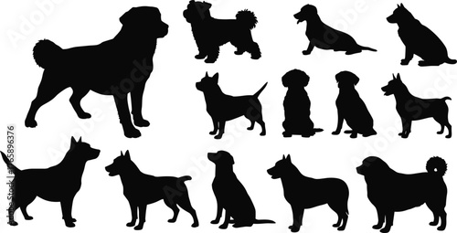  Dog silhouettes vector set, various breeds in different poses, black animal shapes, pet illustration collection, isolated canine icons for design, stock