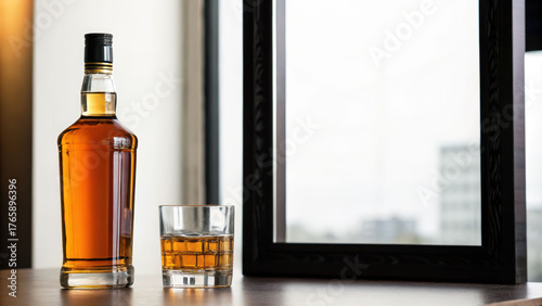 Whisky bottle glass amber liquor wood table window light moody bar reflection urban view botella enriches calm vibe