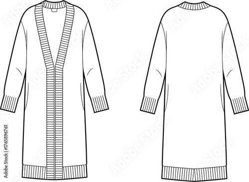 Long ribbed cardigan flat sketch, front and back view, detailed apparel cad drawing for fashion design technical vector illustration template