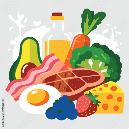 A colorful vector illustration set of healthy food and drink icons featuring fresh fruit like apples, berries, and lemons, alongside vegetables such as tomatoes, carrots, and onions