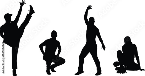  Dynamic silhouette poses, expressive movement, dance gesture, martial arts stance, seated posture, body language, vector illustration, black figure, human form, performance art