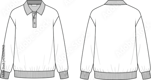 Long sleeve polo sweatshirt flat fashion technical sketch front and back view, casual unisex pullover apparel design, cad drawing flat vector illustration