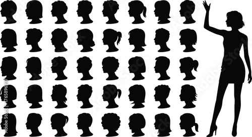 Female profile silhouette illustration set, diverse women hairstyles vector collection with fashion beauty icons, hairstyle design elements, identity and character representation