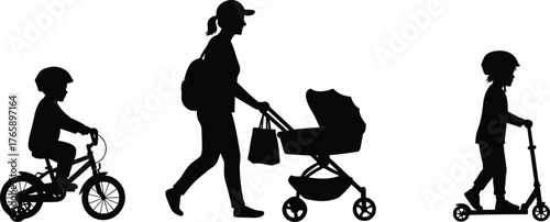  Family outdoor activities silhouette, child on bike, kick scooter, baby stroller, black vector illustration, safety helmets, urban mobility, isolated graphic