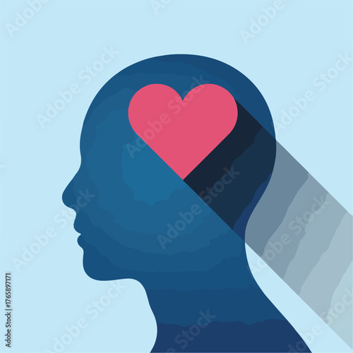 Man and woman silhouette profiles with heart and brain vector concept illustration of love and mind