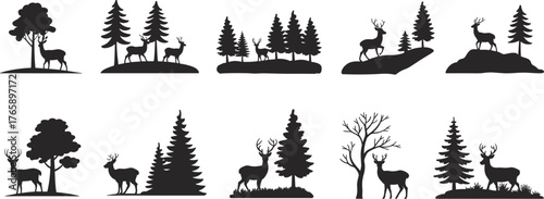 Deer and forest silhouette set, wildlife nature vector collection, woodland animals, conifer and deciduous trees, outdoor landscape illustration, rustic environment design