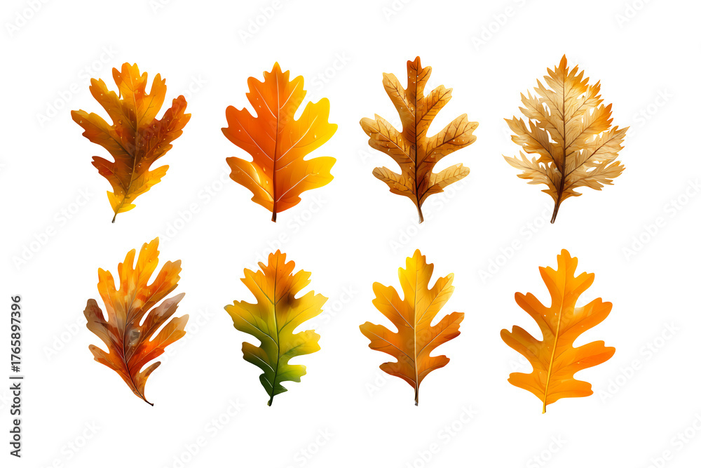 Fototapeta premium Autumn oak leaves collection vibrant fall colors isolated seasonal foliage nature display array organic isolated on transparent background