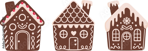 Gingerbread house illustration set, festive Christmas cookie vector collection, decorated holiday sweets with icing, candy details, seasonal dessert and winter treat design