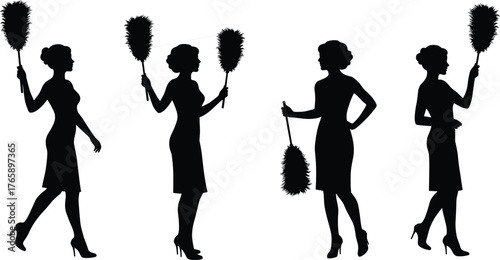  Feather duster cleaning silhouette, woman in dress vector, household chore posture, dusting activity illustration, high heel figure, black icon design