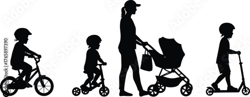  Family silhouette vector, mother pushing stroller, children riding bicycle, tricycle, scooter, outdoor activity, parenting lifestyle, black icons, white background