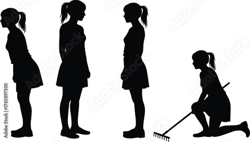  Female silhouette poses, standing and kneeling with rake, gardening action vector, black figure illustration, posture reference, white background, isolated design