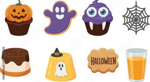 Halloween dessert illustration set, spooky treat vector collection with cupcakes, cookies, pudding, juice, ghost sweets, pumpkin candy, festive holiday design
