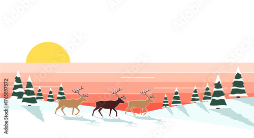 Reindeer in winter landscape, holiday reindeer strolling across snowy fields at sunset, scenic vista. Reindeer stand out among winter landscape, creating idyllic scene,