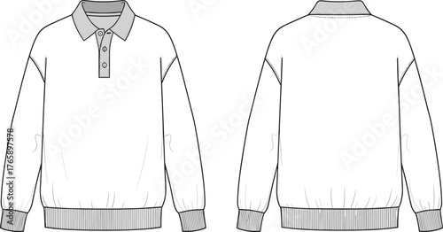 Long sleeve polo sweatshirt technical flat sketch front and back view, casual unisex pullover design, vector fashion cad drawing flat vector illustration