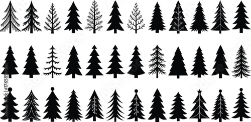 Stylized evergreen tree silhouette set, pine vector icons, Christmas clipart, black and white trees, festive graphic, holiday illustration pack