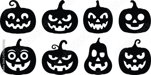Halloween pumpkin silhouette set, jack-o’-lantern face icons, spooky carved pumpkin vector, scary and funny expressions, festive holiday decoration illustration