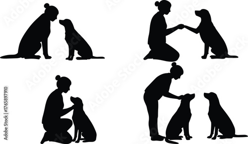  Human and dog interaction silhouette set, black vector illustration of bonding, training, affection and care, pet companionship concept, emotional connection design