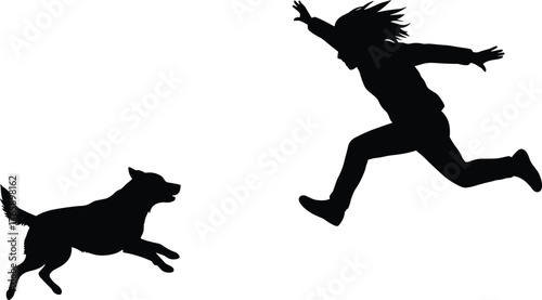  Human and dog silhouette, jumping and running pose vector, playful interaction scene, black motion illustration, energetic moment, pet companionship concept design