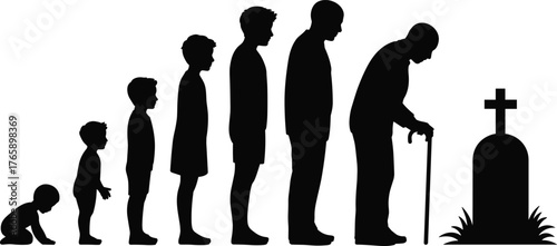 Human life cycle silhouette illustration, stages of life vector design, baby to elderly with gravestone, aging process, growth and mortality concept