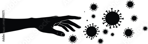  Human hand and virus silhouette, COVID-19 exposure concept vector, black disease transmission illustration, hygiene awareness design, health risk interaction graphic