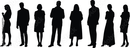 Human silhouette illustration set, diverse adult figures vector, standing poses with formal and casual attire, posture and body language design icons